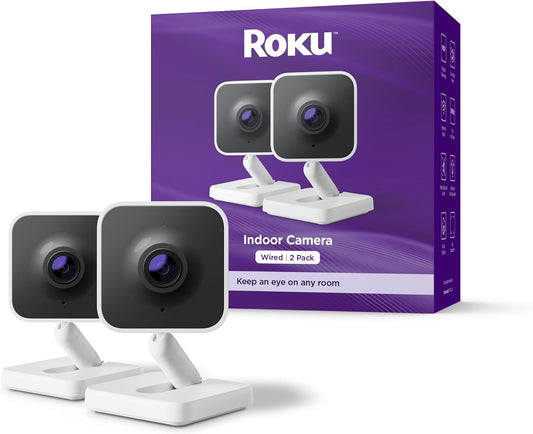 Roku Indoor Camera, Home Security with 1080p HD Color Night Vision, 2-Pack | Wired Security Camera & Pet Monitor with 2 Way Audio, Motion & Sound Detection, WDR & WiFi 6 - Works with Alexa & Google