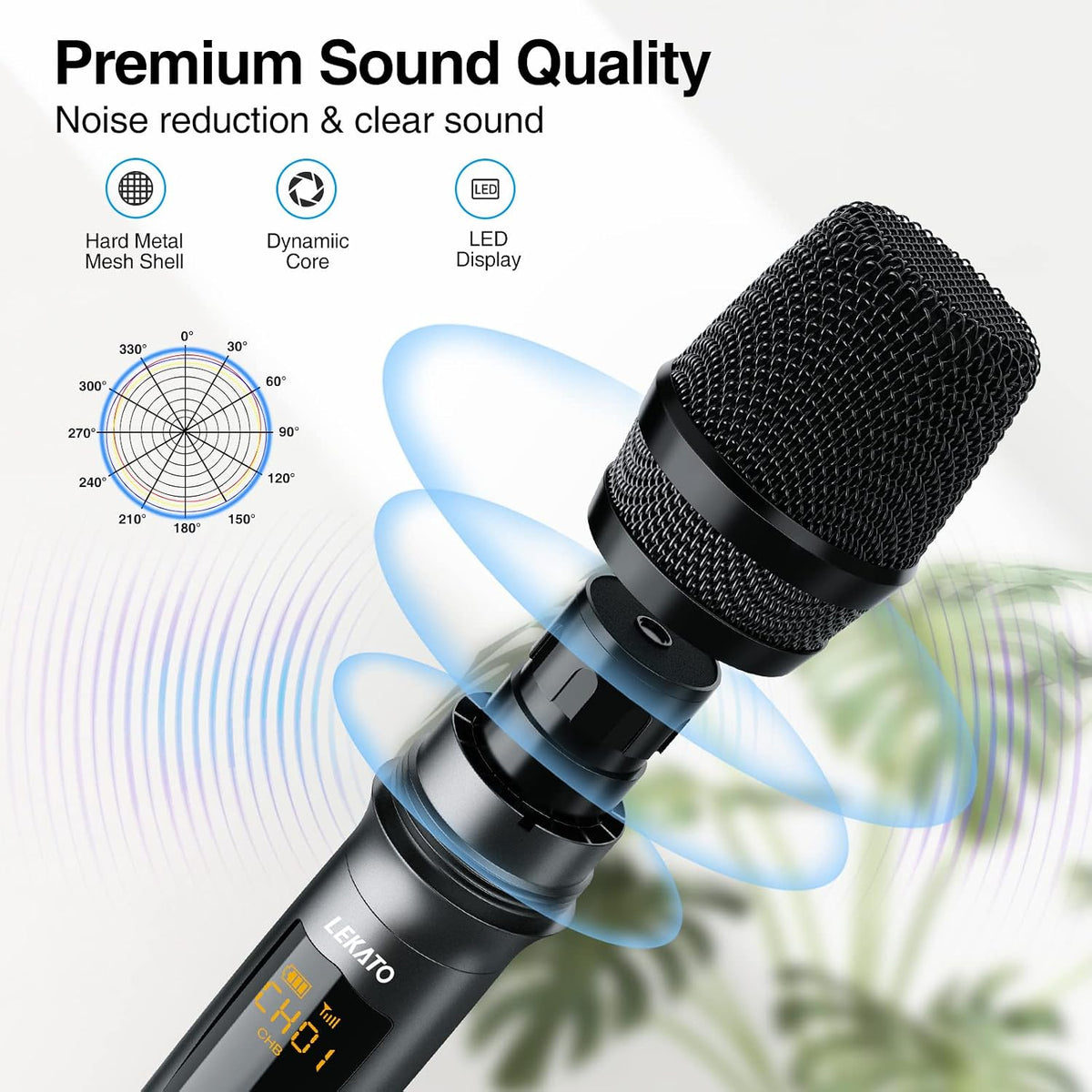 LEKATO Wireless Microphone Rechargeable Wireless Microphones with Receiver Dual Handheld Microphone System Dynamic MIC for Singing, Speech, Wedding, Church,Speaker, PA System(K380S)
