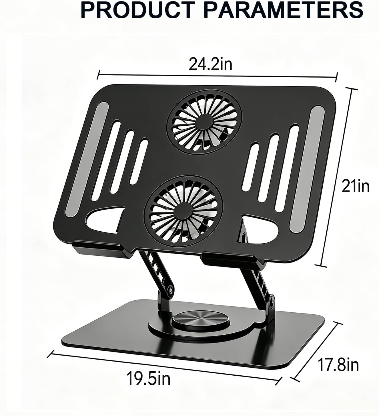 Laptop Stand with Cooling Fan, 360° Rotating Base Aluminum Laptop Riser, Foldable Ergonomic Computer Stand for Desk, Height Adjustable Notebook & All Laptops Up to 17.3" (Black)