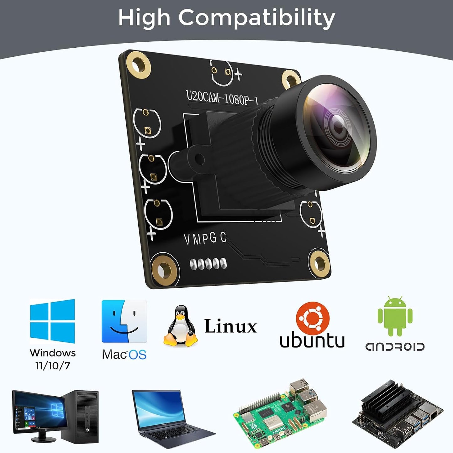 1080P USB2.0 UVC Camera, 130° Wide Angle Camera, Plug & Play for PC, Raspberry Pi, Jetson Nano and SBCs. Support Windows, Linux, Android and Mac OS.