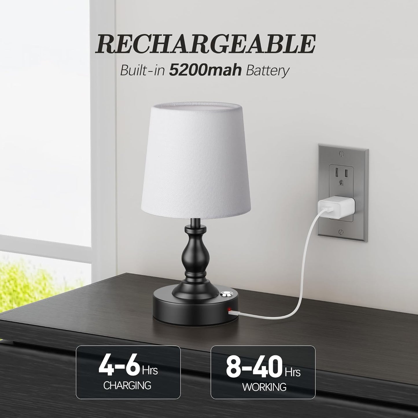 Mini Cordless LED Table Lamp, 5200mAh Rechargeable Battery Operated Lamp, 3-Level Brightness, Touch Dimmable Desk Lamp, Bedside Night Light for Patio Camping Restaurant Home, Matte Black