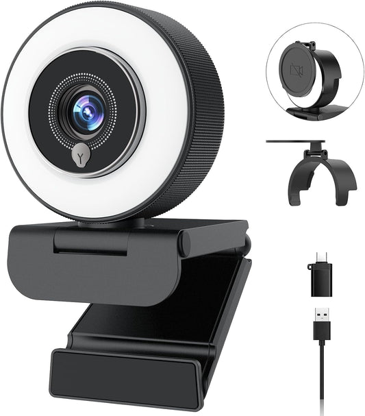 Angetube 4K Webcam with Ring Light, Computer Web Camera for Desktop, Laptop | 4K@30FPS, PDAF Autofocus, 1080P@60FPS, 2 Microphones, USB-A/C, Privacy Cover, Streaming Web Cam for PC Mac, Zoom Teams Twitch