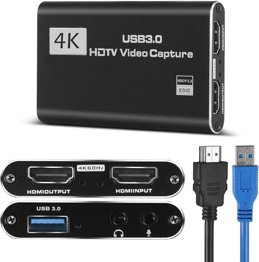4K HD Video Capture Card, Plug & Play USB 3.0, No Driver Needed | Gaming Capture Card with Microphone for PC/Mac, 1080P 60FPS for Nintendo Switch, PS5, PS4, Xbox, OBS Streaming
