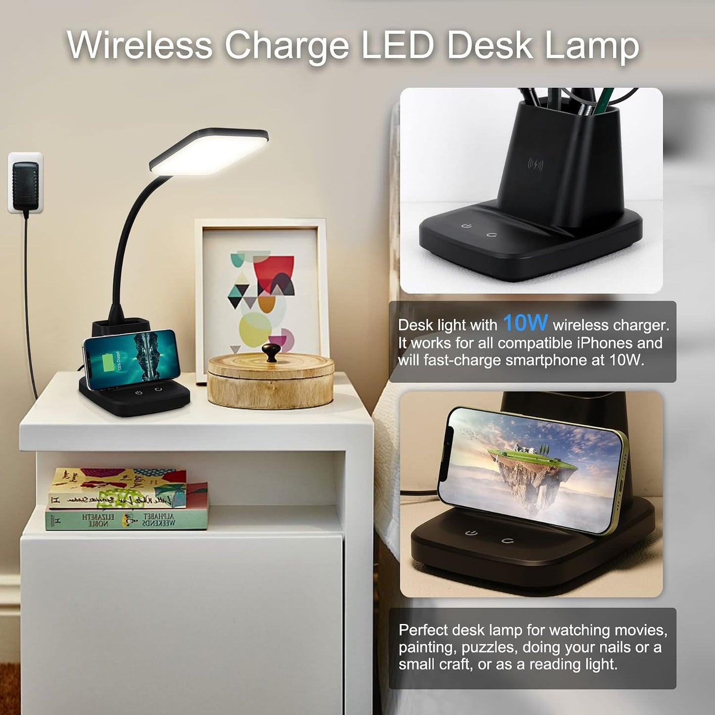 LED Desk Lamp with 10W Wireless Charging & Pen Holder, Black | CRI 95, 800LM, Stepless Dimming, 3 Modes, 360°Flexible Arm, Touch, Study Table Lamp for Home Office, Dorm Room, with Adapter