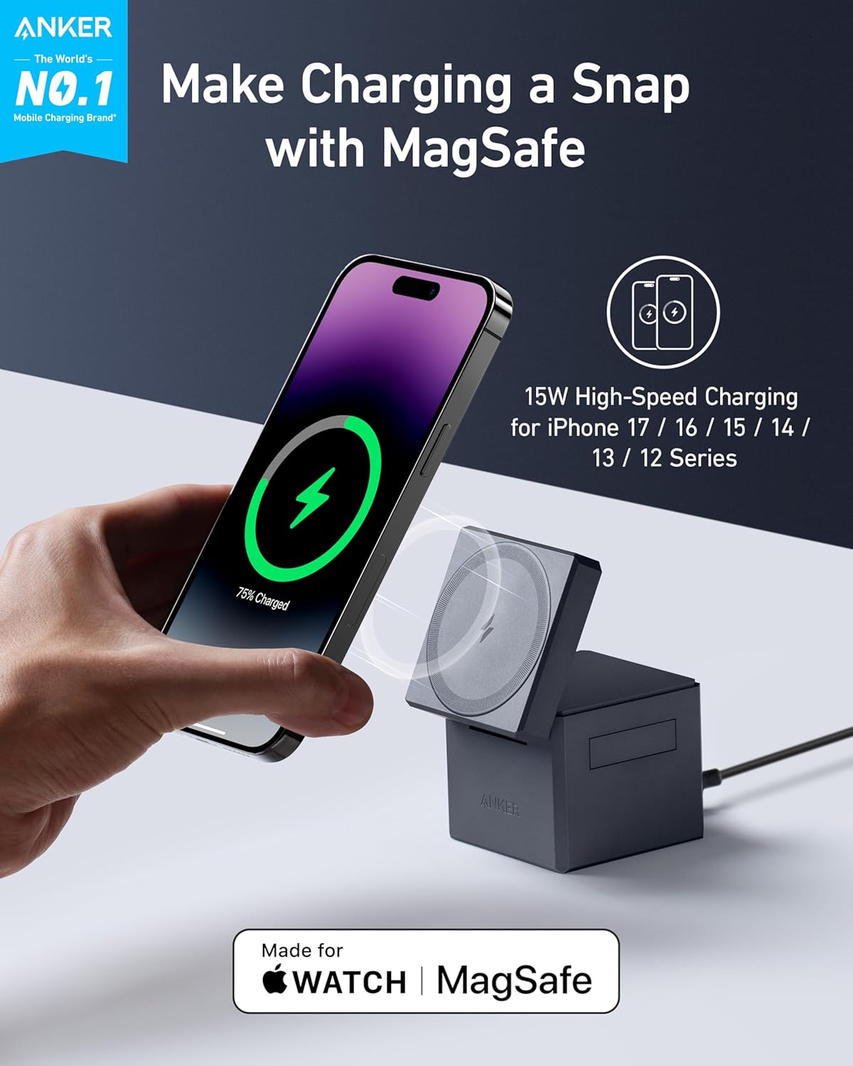 Anker 3-in-1 Cube MagSafe Compatible 15W Foldable Charging Station | Wireless Charger, Compact Desktop Stand for iPhone 17 / 16 Series, Apple Watch, and AirPods (Adapter Included, Non-Battery)