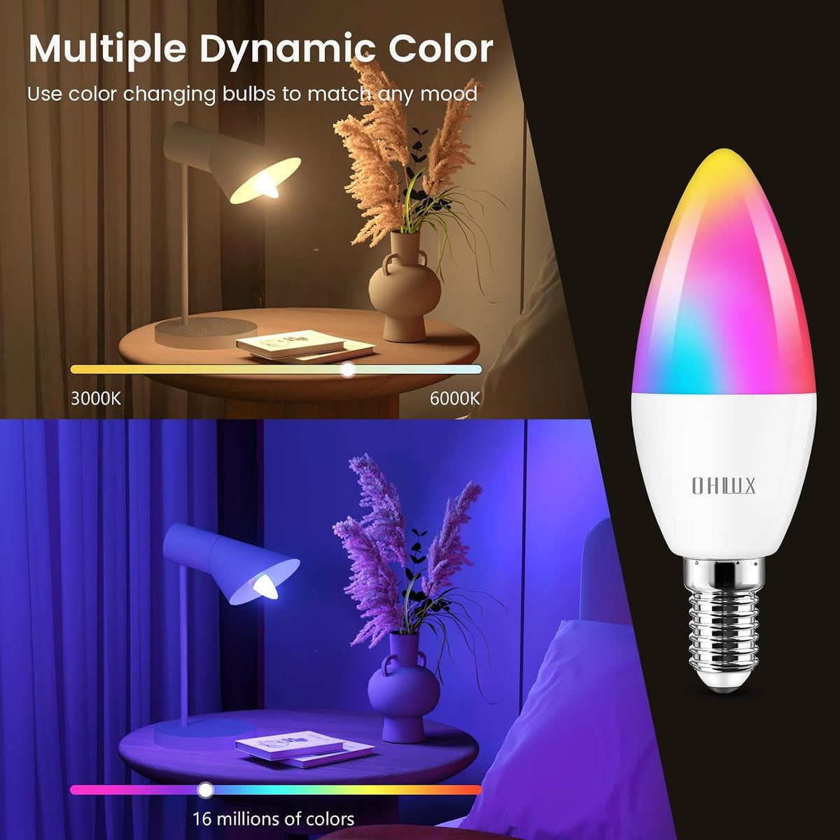 OHLUX 6 Pack E12 Smart Candelabra LED Light Bulbs, Color Changing Compatible with Google Alexa and Smart Life, 5W 40W Equivalent WiFi Candle Bulbs with Remote Control, Timer