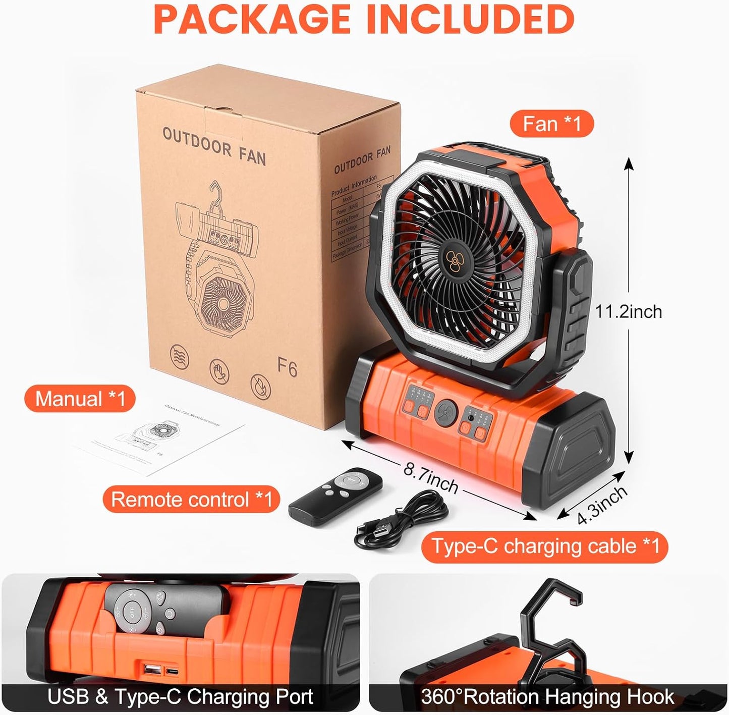 Odoland 30000mAh Camping Fan with LED Lantern, Rechargeable Battery Fan | Operated Oscillating Fan with Remote & Hook, Portable Tent Fan with Timer, 4 Speeds for Outdoor Camp RV Power Outage, Orange