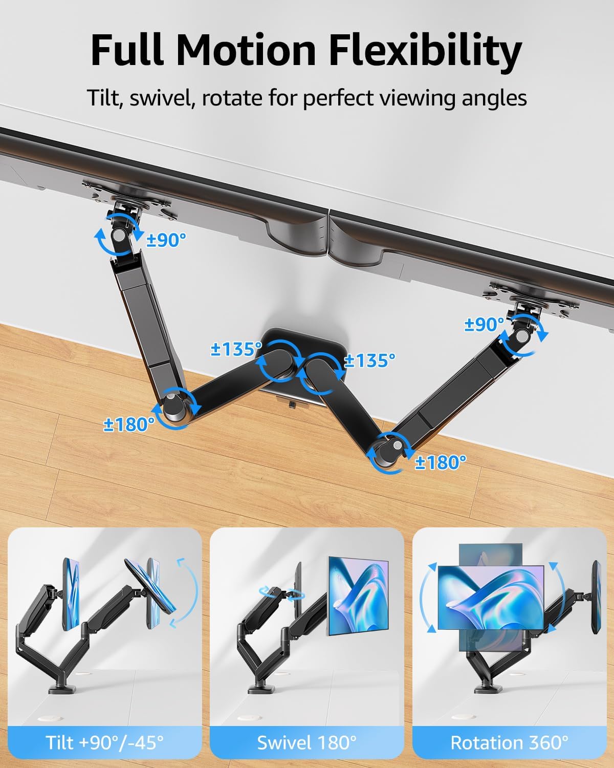 MOUNTUP Dual Monitor Stand for Desk, Monitor Arms for 2 Monitors 32 27 24 22 Inches, Height Adjustable Double Monitor Mount, VESA Mount with C-Clamp & Grommet Base, Holds 4.4-17.6lbs