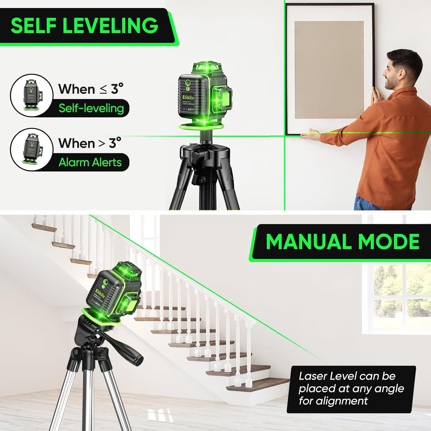 Elikliv Laser Level with Tripod, 4x360° lazer leveler tool | 165Ft Green Laser Level Lines Tool, 360 Self Leveling for Construction, Picture Hanging, Floor Tile, Renovation