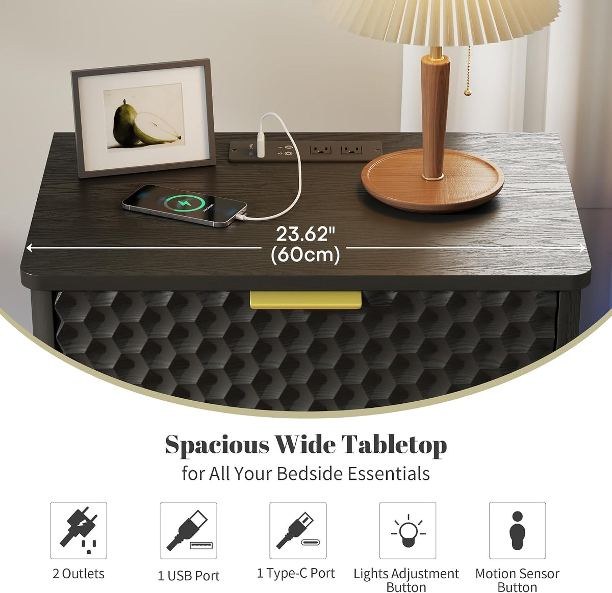 LVSOMT Smart Nightstand with Charging Station and LED Lights