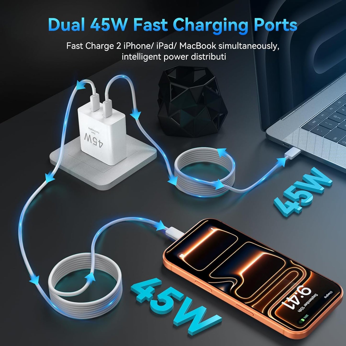 USB C iPhone Fast Charger,45W USBC Type C Charger with Long 10 FT USB C Fast Charging Cable Cord, Dual USB C Phone Charger Block for iPhone 17 Pro Max/17 Pro/Air/17/16/16 ProMax/Plus/S24/S25/S26