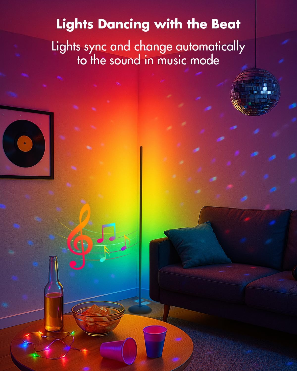 LED Corner Floor Lamp, RGB LED Corner Lamp with App & Remote, Smart Floor Lamp with 16 Million Colors, Music Sync, Scene Modes, Color Changing Standing Lamps for Living Room, Bedroom