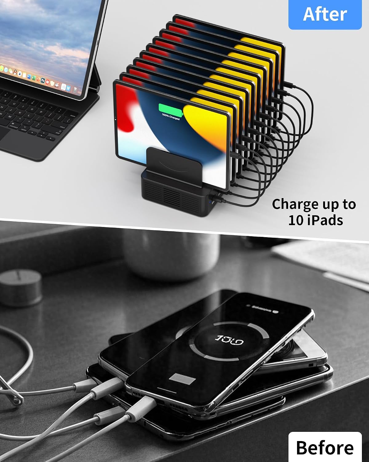 100W Charging Station for Multiple Devices, 10-Port USB Fast Charging Station with Adjustable Dividers & 10 Cables- Multi Device Organizer Charging Dock for iPhone, iPad, Tablets & More(Black)
