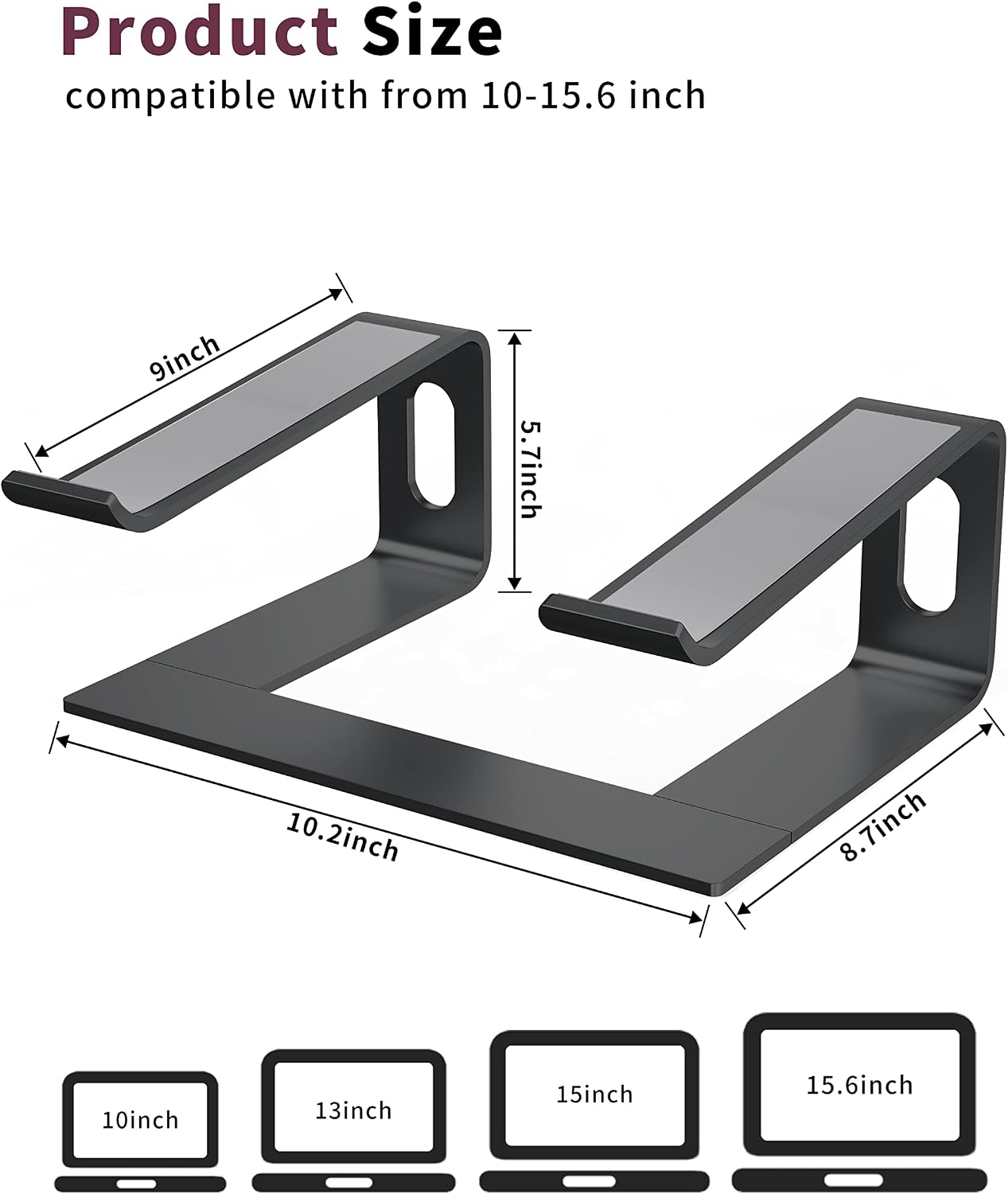ALASHI Laptop Stand for Desk, Aluminum Computer Riser, Ergonomic Notebook Holder, Detachable Metal Laptops Elevator, PC Cooling Mount Support 10 to 15.6 Inches Notebook, Black
