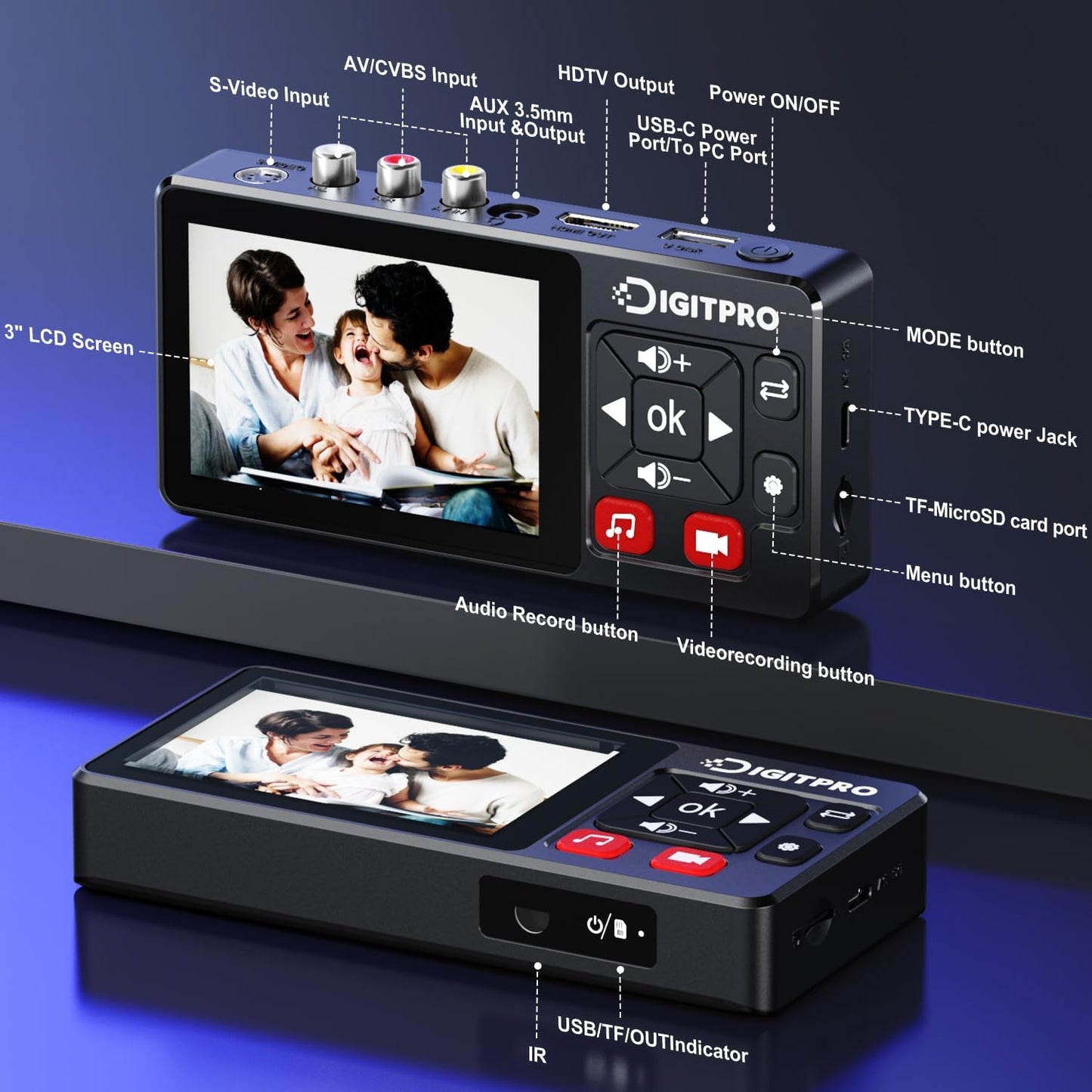 VHS to Digital Converter 2.0, HD Video to Digital Converter Recorder with Remote, Convert Record Analog Video Audio from VHS/VCR, DVR/DVD/Hi8/Mini DV/Camcorder/Gaming Consoles（Tapes Players Needed)