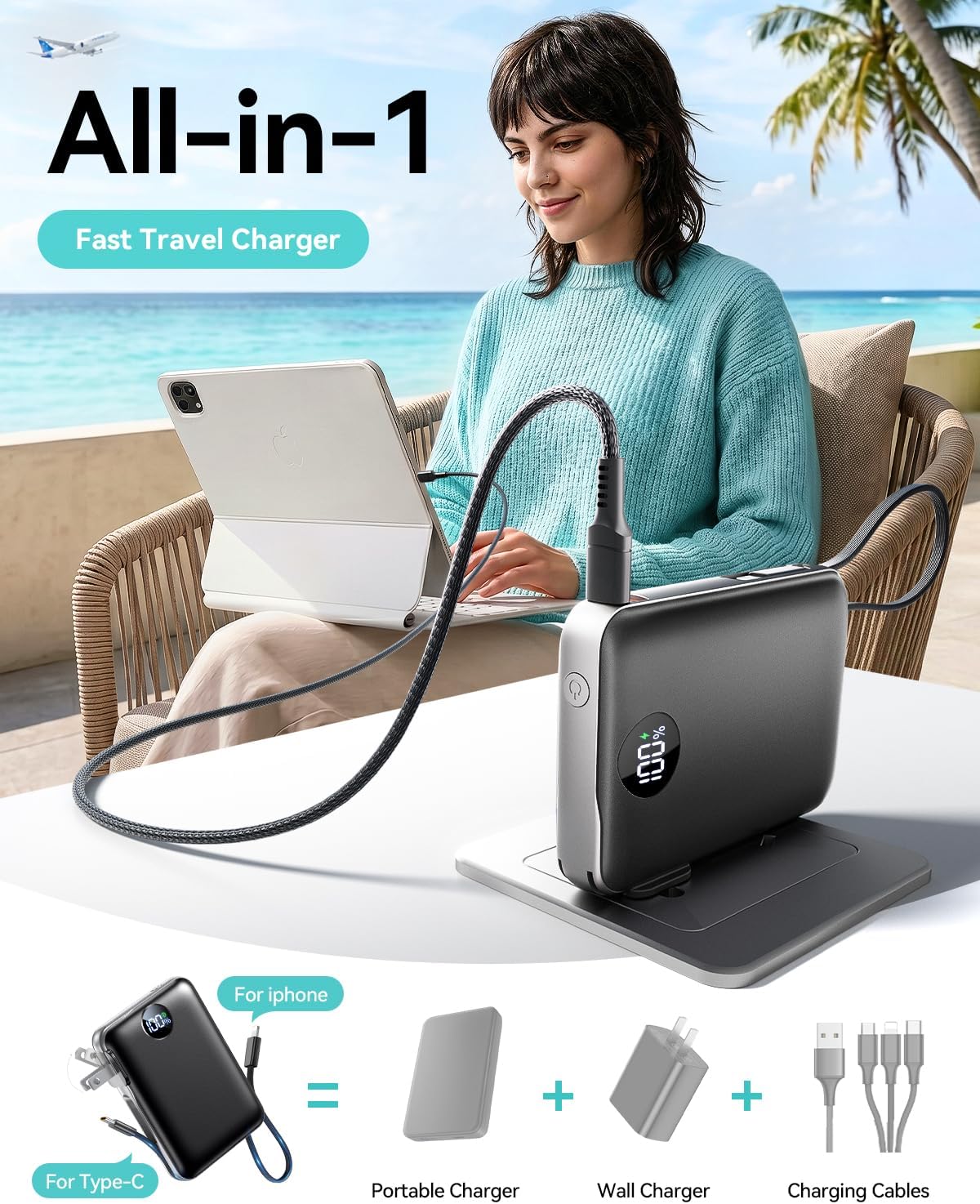 Portable Charger Power Bank 10000mAh, 45% Smaller Built-in Cables & AC Plug | Built-in Cables & AC Plug, 22.5W Fast Charging, 4-Device Charging, Travel Essential, for iPhone, iPad & Samsung Galaxy, Black