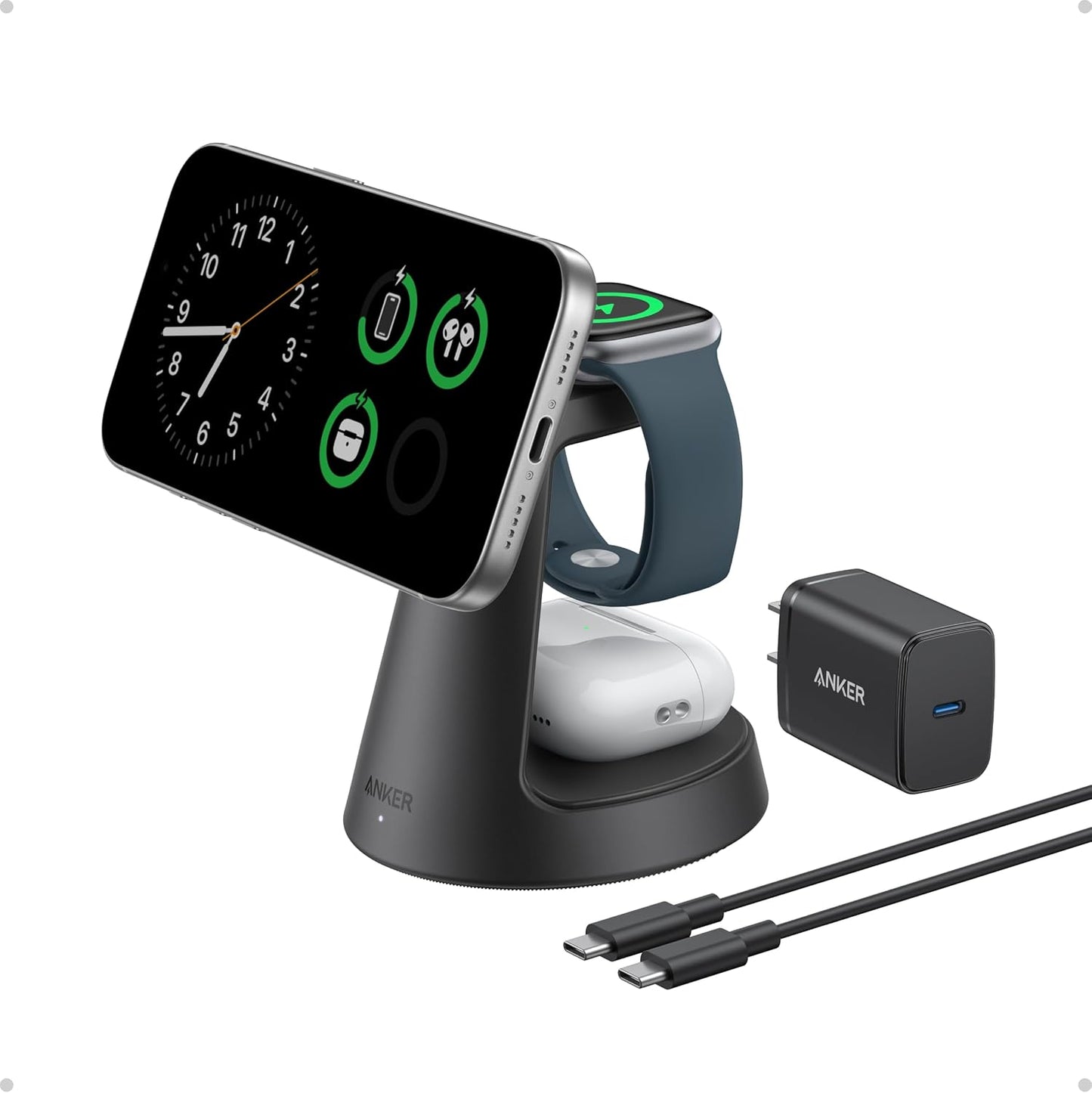 Anker MagSafe Charger Compatible, MagGo 3-in-1 Qi2 15W Charging Station | Wireless Charger, Magnetic Charging Stand for iPhone 17 / 16 / 15 Series, Apple Watch, AirPods, and More (Adapter Included)