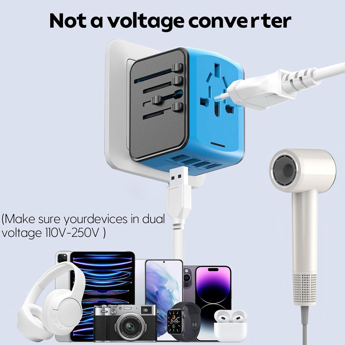 Universal Travel Adapter, 2 USB-C & 2 USB-A Ports, 2500W AC Outlet | All-in-One International Plug Adapter, EU/US/UK/AU Plugs, Compact Worldwide Travel Charger for Trips in 200+ Countries