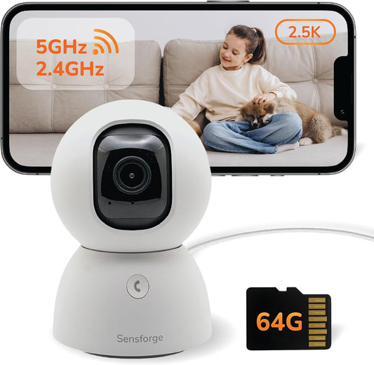 SensForge 2.5K Indoor Pan-Tilt Security Camera, 360° Dual-Band 2.4/5GB Wi-Fi Camera for Home, Free AI Human & Pet Detection, 64GB SD Card Included, Two-Way Talk, No Subscription Required(1, White)