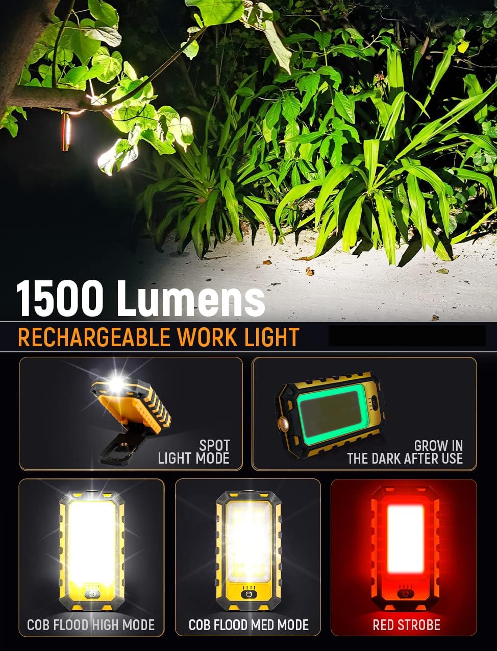 innofox LED Rechargeable Magnetic Work Light 40W 1500Lumens, Hanging Hook 4 Lighting Modes, Job Site Lighting for Car Repairing, Camping, Hunting, and Hurricane (2, Orange)