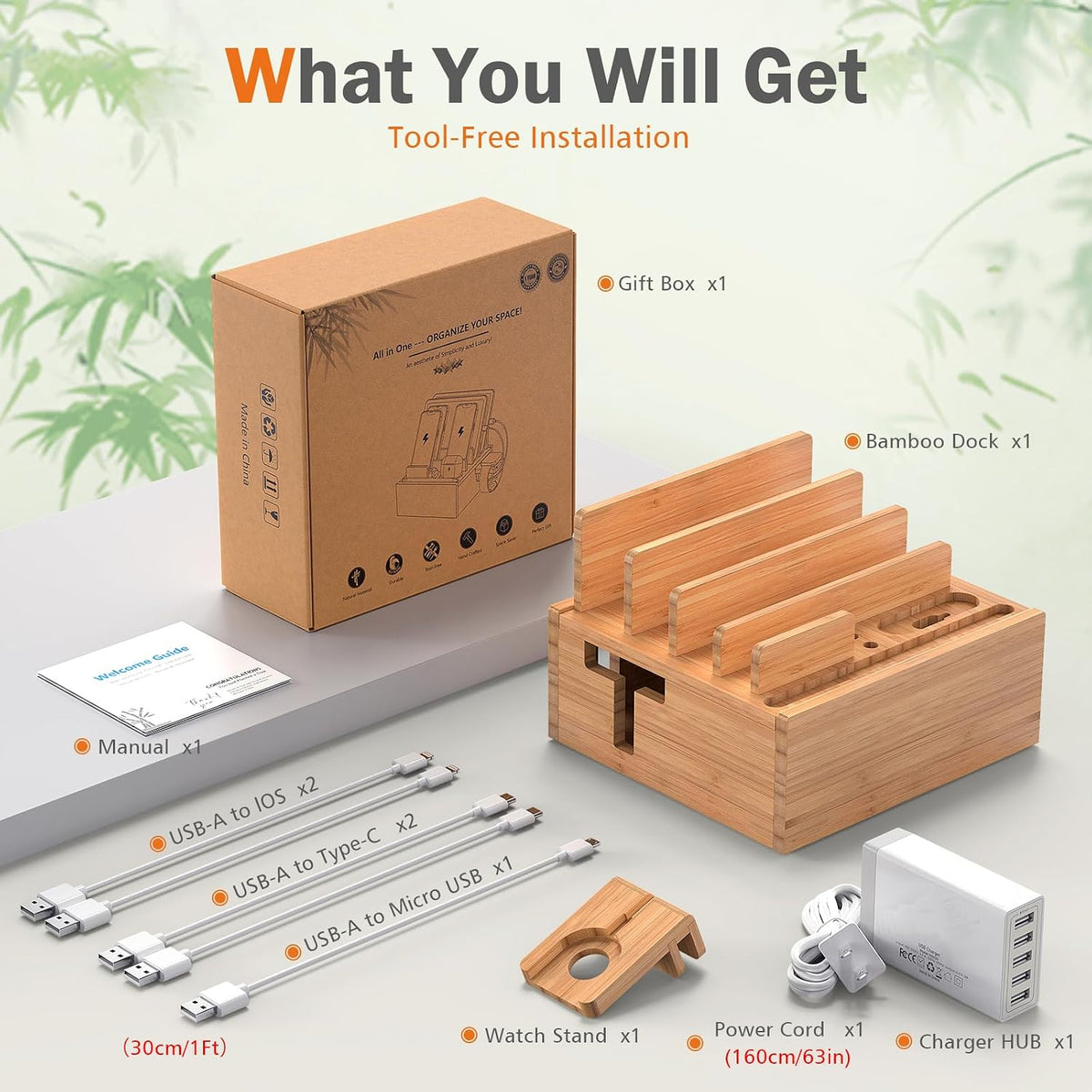 Pezin & Hulin Bamboo Charging Station for Multiple Devices with 5-Port HUB