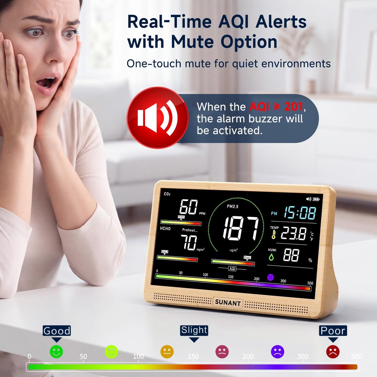 16-in-1 Air Quality Monitor Indoor, 7' Smart Large Display 9 AQI+7 Alarm Alerts, Real Time CO2, Formaldehyde, TVOC, PM2.5, PM10, Temperature & Humidity Portable Battery Powered Tester for Home, Office