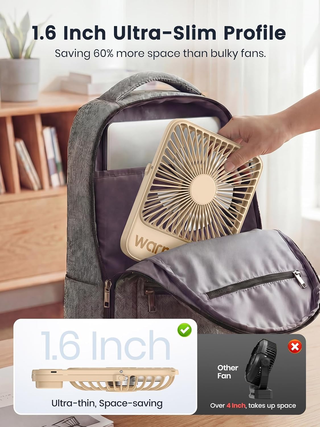 Warmco D3 Portable Travel Fan 10000mAh, Ultra-Slim, 24H Runtime | Quiet 7-Inch Rechargeable Desk Fan, Digital Display For Sleeping, Office, Bedroom & Cruise