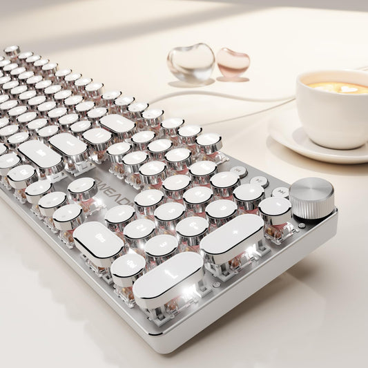 Wired Typewriter Mechanical Keyboard, Retro Punk Keyboard with Media Knob