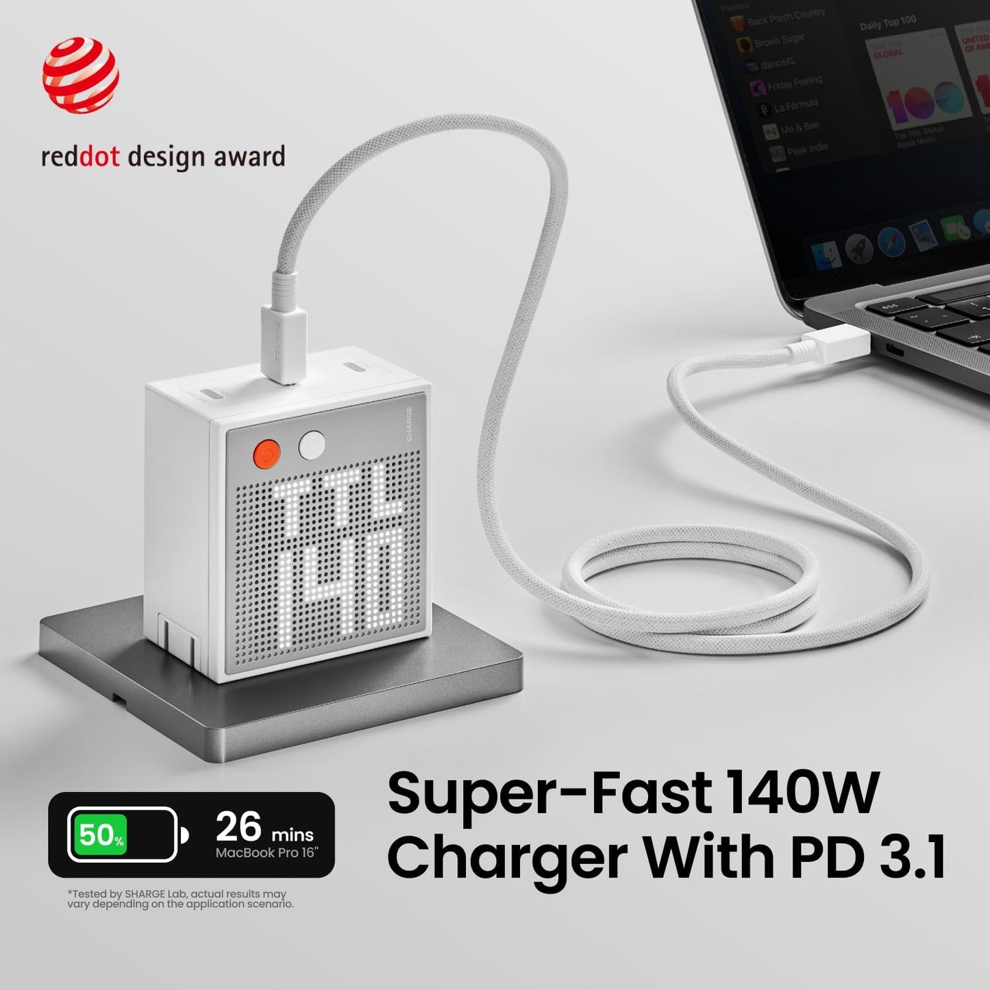 SHARGE 140W 3-Port GaN Laptop Charger, USB C MacBook Charger with Display | Pixel 140 PD 3.1 Fast Charger USB C Power Adapter for MacBook Pro, iPad, iPhone 17/16 and More