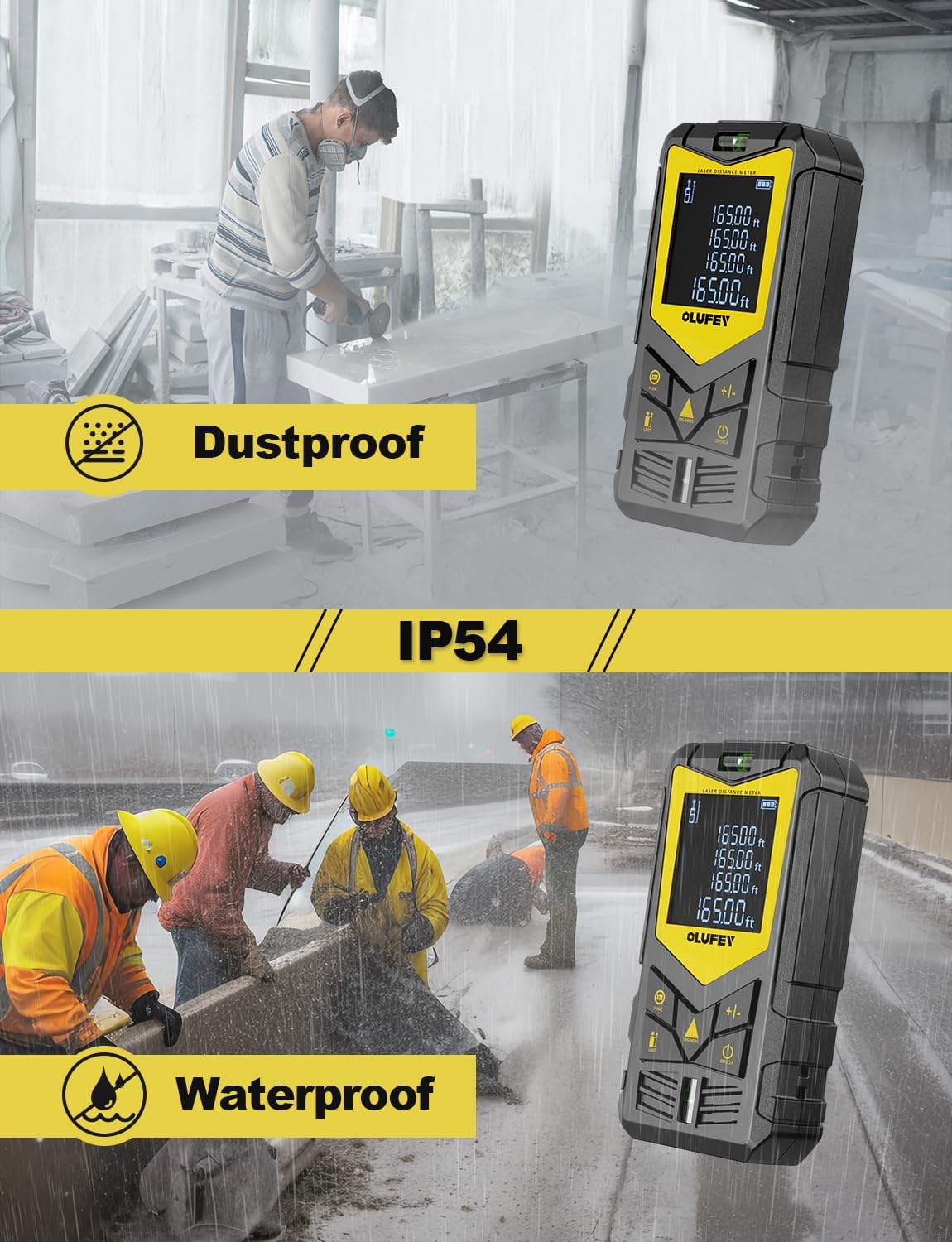 Laser Measure, OLUFEY 165ft Laser Distance Meter with 2 Bubble Levels, Black LCD Display and Pythagorean Mode, Measure Distance, Area and Volume