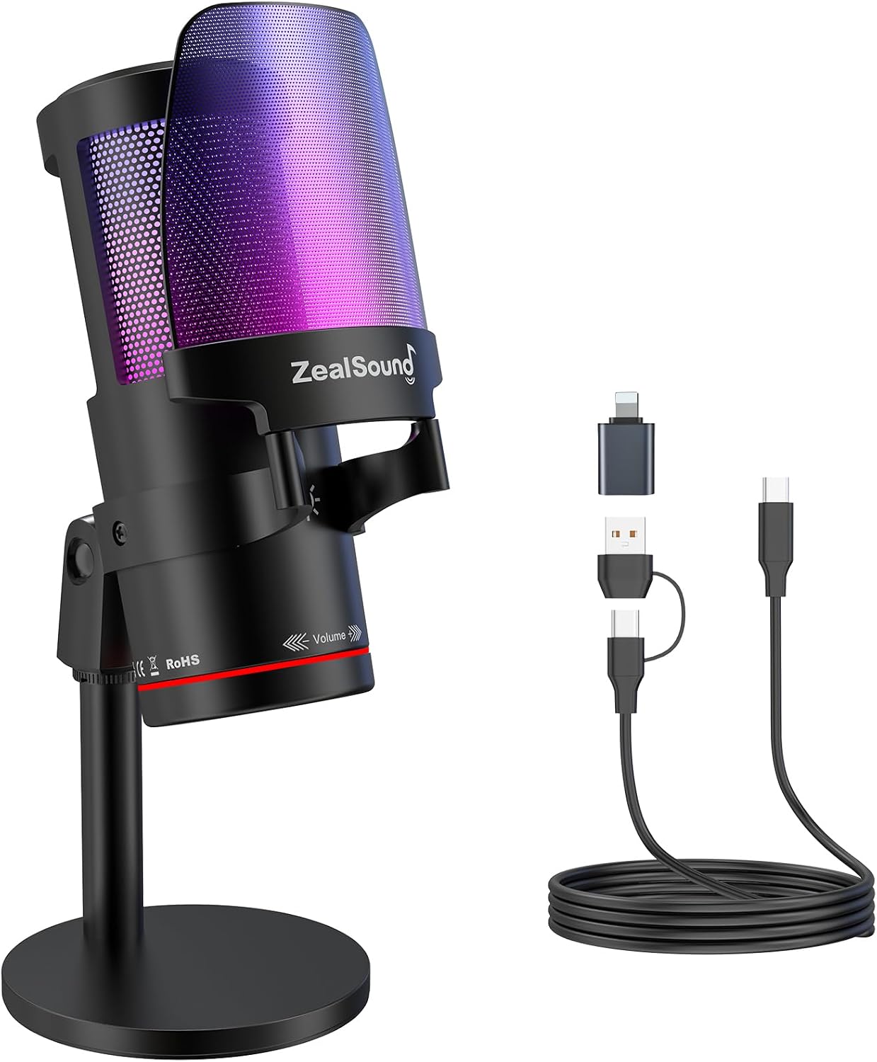 ZealSound USB Microphone for PC Mac iPhone & Android, Podcast Mic with Noise Cancellation, Touch Mute, RGB Light, Volume & Monitor Control, for Streaming Gaming Podcasting ASMR TikTok Discord YouTube