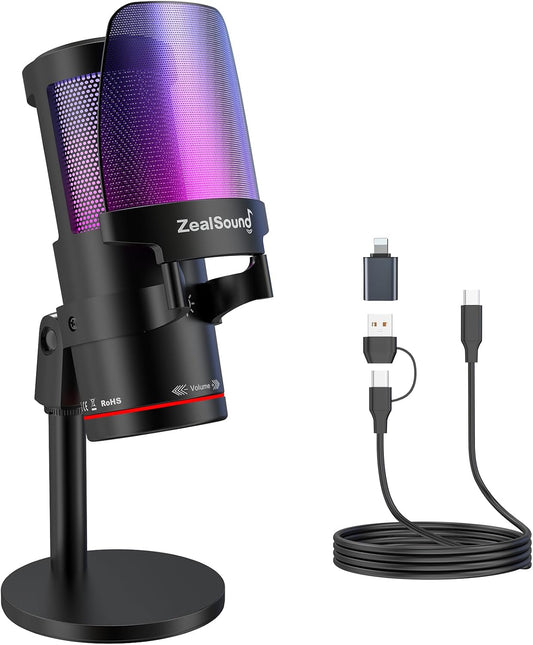 ZealSound USB Microphone for PC Mac iPhone & Android, Podcast Mic with Noise Cancellation, Touch Mute, RGB Light, Volume & Monitor Control, for Streaming Gaming Podcasting ASMR TikTok Discord YouTube