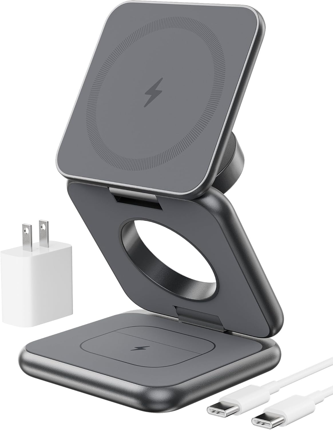 KU XIU Foldable 3-in-1 Magnetic Wireless Charging Station for Apple Devices | Aluminum Alloy Compact Design, Foldable Travel Charger Stand with 20W Adapter for iPhone 17-12, 5W for Apple Watch & AirPods
