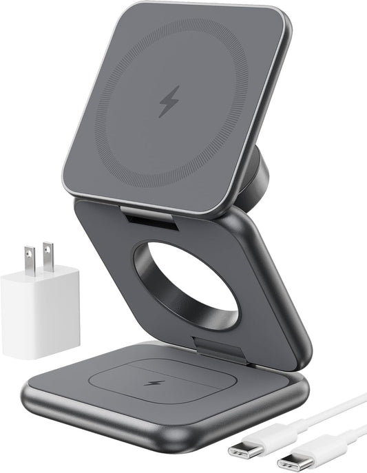 KU XIU Foldable 3-in-1 Magnetic Wireless Charging Station for Apple Devices | Aluminum Alloy Compact Design, Foldable Travel Charger Stand with 20W Adapter for iPhone 17-12, 5W for Apple Watch & AirPods