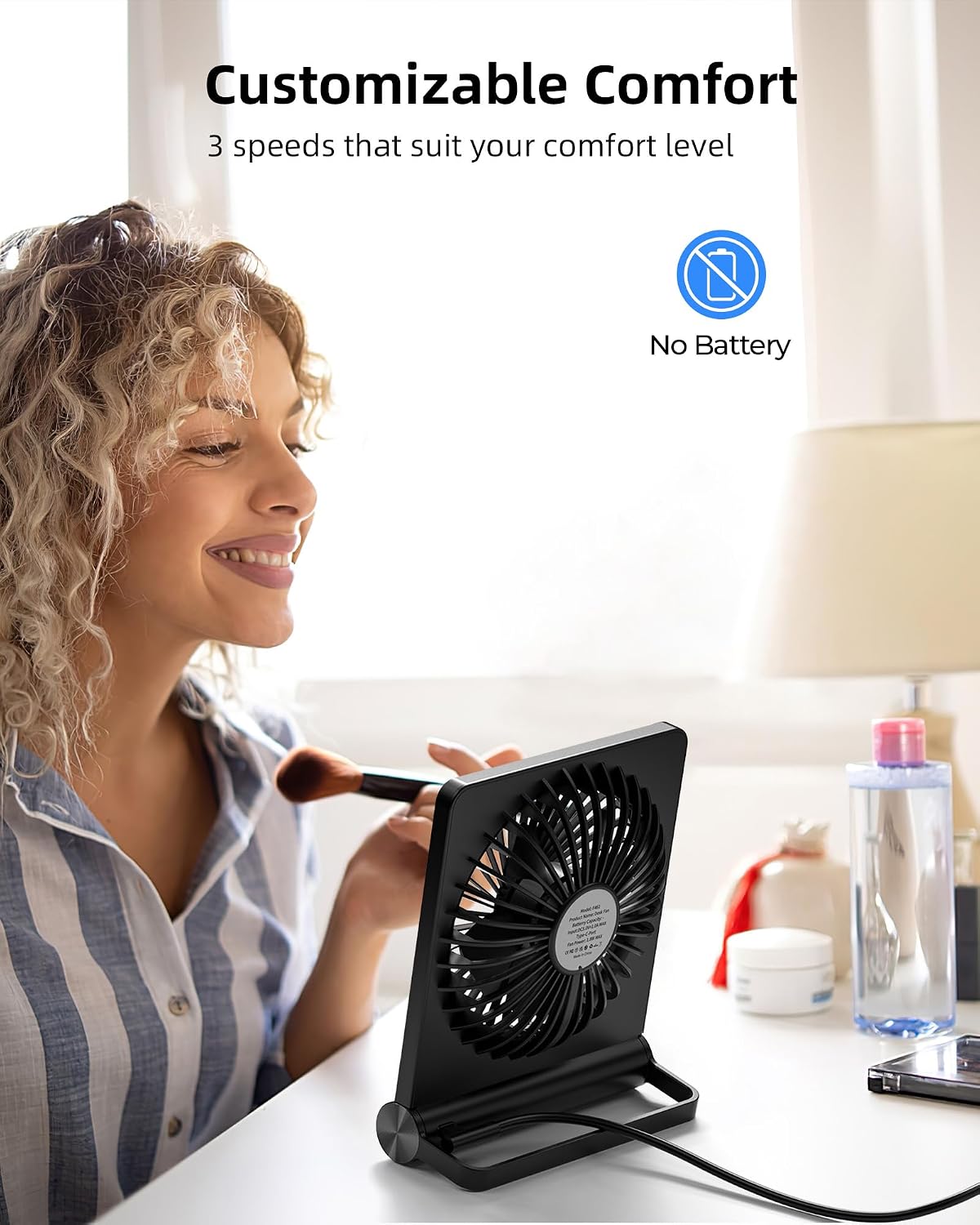 Koonie USB Desk Fan, Strong Wind Ultra Quiet Small Mini Fan | 220° Tilt Folding & 3 Speeds Adjustable, USB-C Powered Personal Fan for Home Office Desktop, Black, NO BATTERY