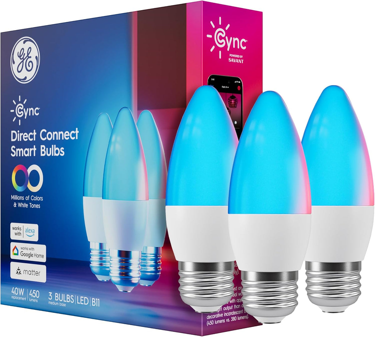 Cync GE Smart LED Light Bulbs, Color Changing Decorative Light Bulbs, Indoor WiFi Lights, Matter Compatible, Compatible with Alexa and Google Home, Medium Base (3 Pack)