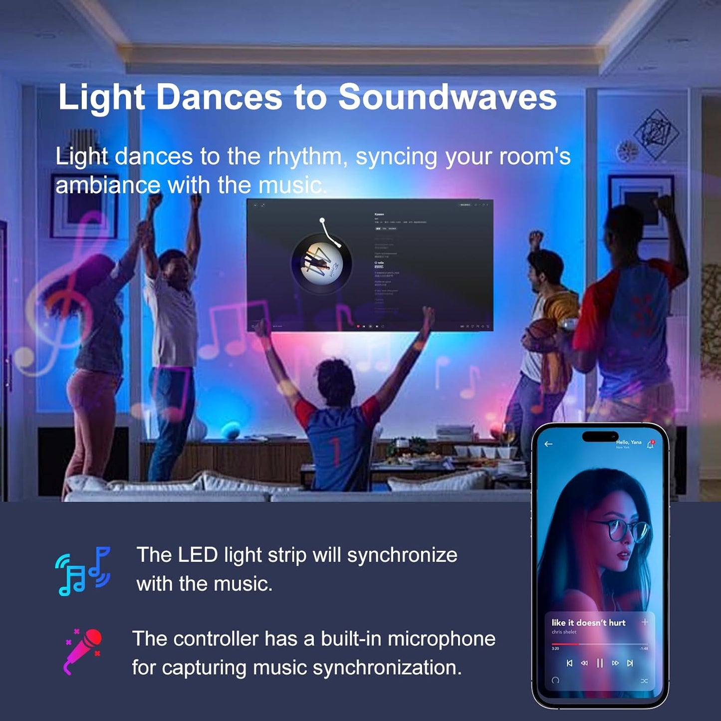 200 FT Led Lights for Bedroom (2 Rolls 100 FT), Music Synchronized Smart Led Strip Lights, Ultra Long with Remote Application Control Bluetooth LED Lights, Color Change RGB Light
