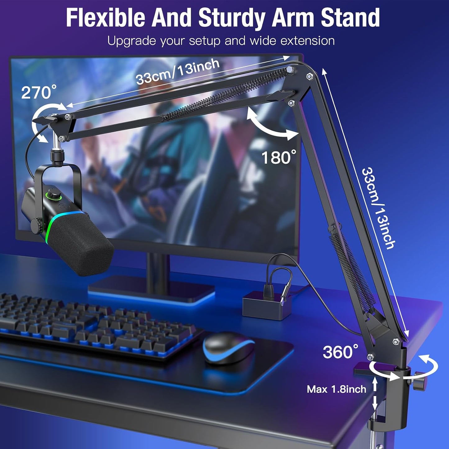 ZealSound USB/XLR Dynamic Microphone with Boom Arm, Podcast Gaming Mic for PC, Mac, iPhone, USB-C & Lightning, RGB Light, Touch Mute, Gain Control, Headphone Monitoring for YouTube TikTok Streaming