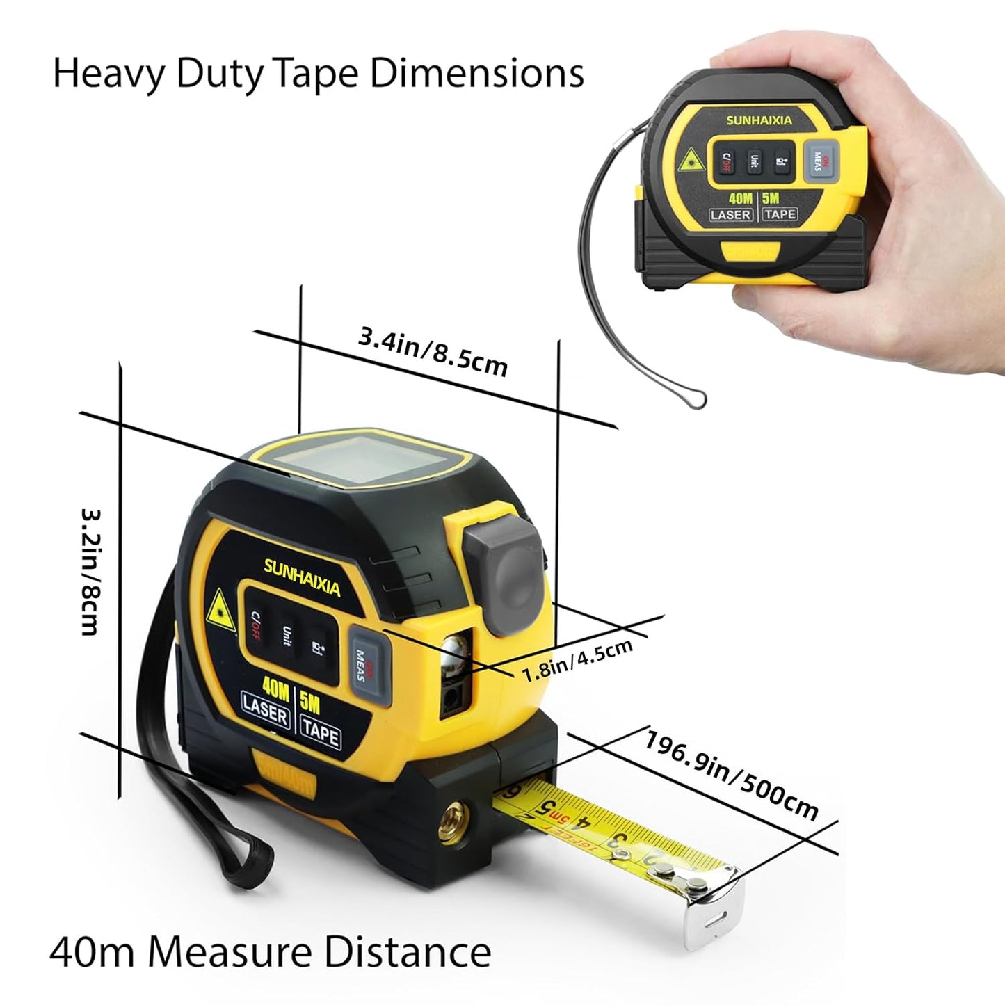 Laser Tape Measure 3-in-1 with Large LCD Display | Digital Laser Measurement Tool in/ft/m Scales up to 131ft/40M with calculations | Tape Measure 16ft/5M and Cross Line Laser Yellow