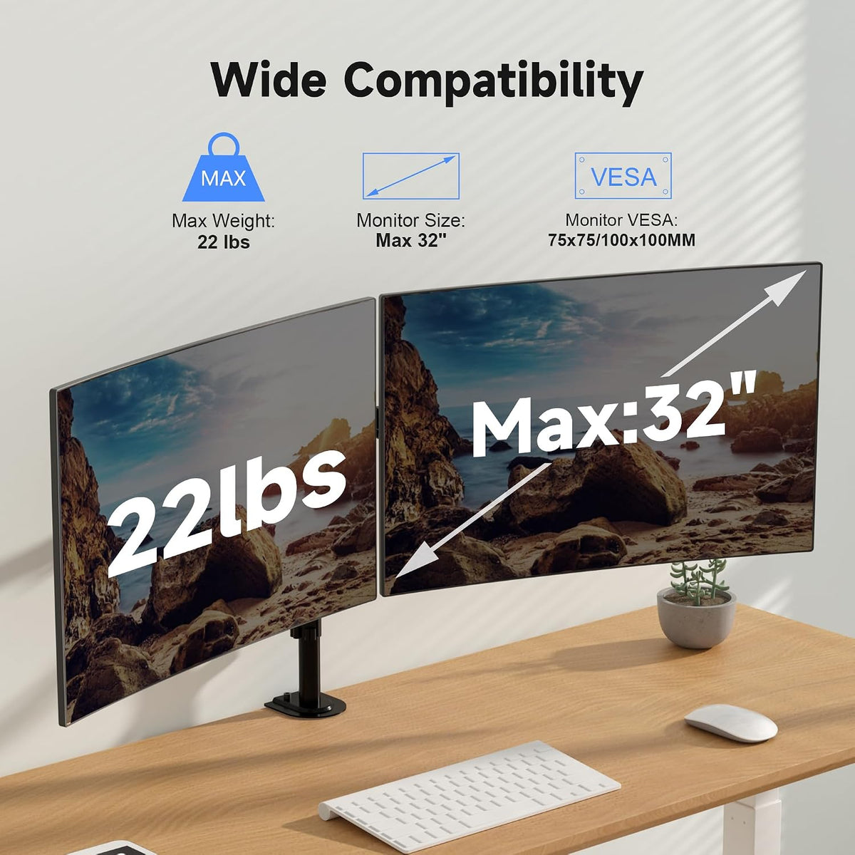 Pholiten Dual Monitor Mount for 2 Screens up to 32 Inches and 22lbs Each
