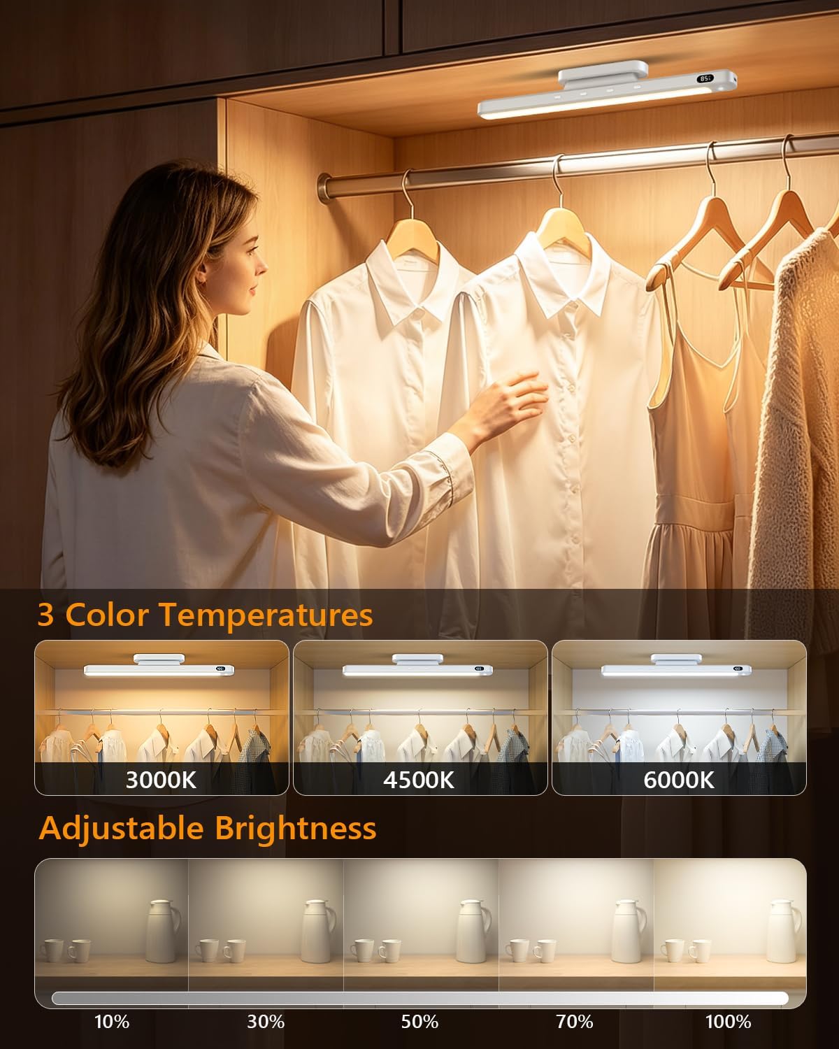 WILLED 3W Motion Sensor Rechargeable Light Bar with Remote, Eye-Care Under Cabinet Lights with Battery Level Display, Vanity Lights for Mirror, Led Light Bar for Cabinet, Closet, Desk and Bathroom