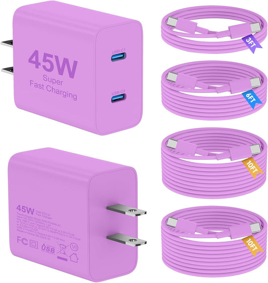 Super Fast Samsung Charger Type C, 2 Pack 45W Dual Port USB C Fast Charger | PD 3.0 Wall Charger with Long 3/6/10/10FT USB C to C Cable for Samsung S26/S25/S25 Ultra/S25+/S24/S23 &iPhone 17/16/15-Purple