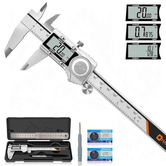 HARDELL Digital Caliper, IP54 Calipers with ABS Function, All-Metal Digital Micrometer Auto-Off, 6 Inch Micrometer Caliper Digital, Inch/MM/Fraction for 3D Printing & DIY (2 Spare Batteries)