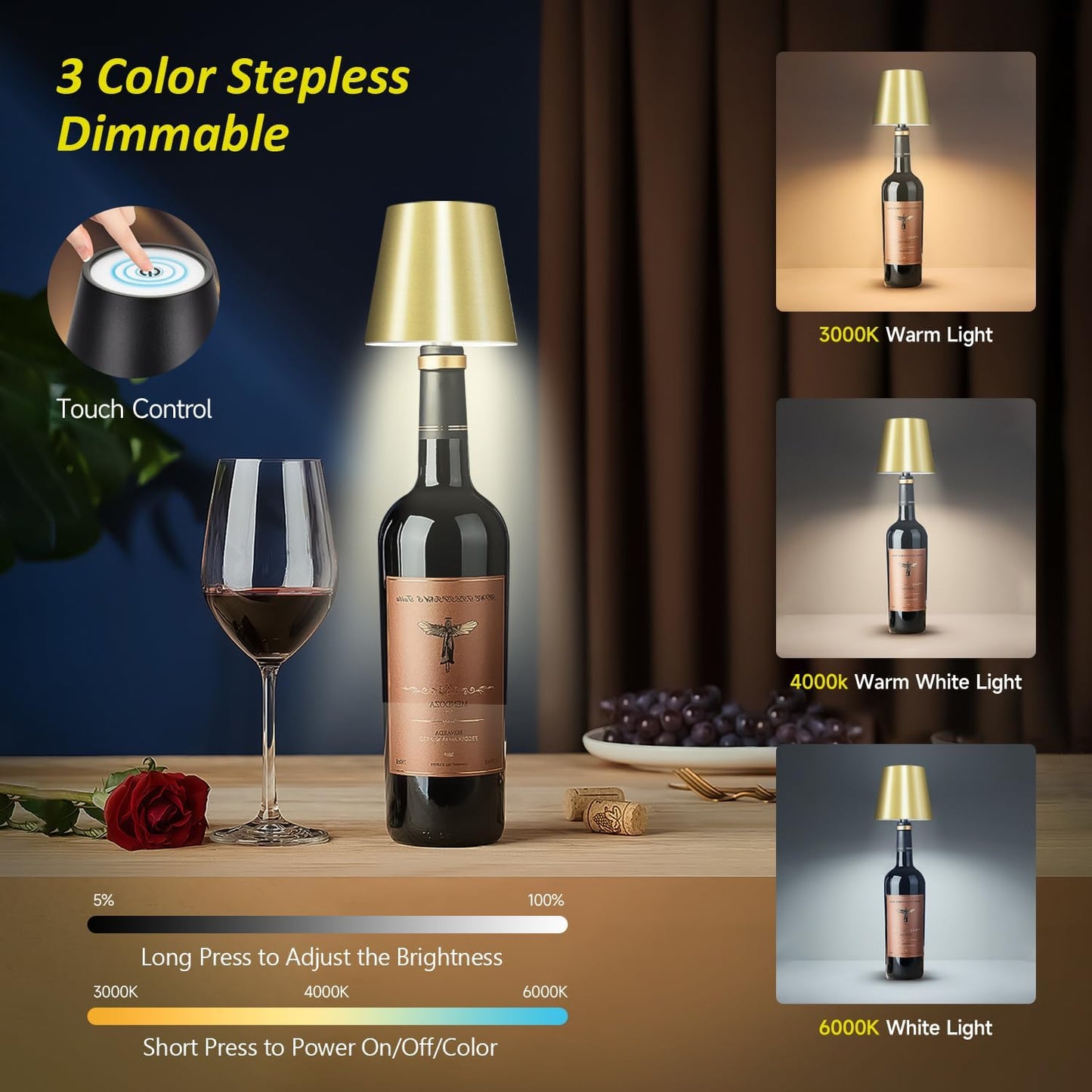 2025 New Wireless Bottle Lamp - LED Bottle Lights for Liquor & Wine Bottles, Cordless Lampshade, Whiskey Bottle Top Light, Bottle Stopper Night Light Kit, Rechargeable 3-Tone Touch-Dimmable