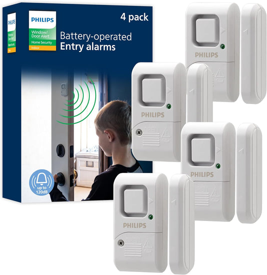 Philips Personal Security Window and Door Alarm, 4 Pack, Wireless Chime | DIY Protection, Burglar Alert, Easy Installation, Ideal for Home, Garage, Apartment, RV and More, LRM3320W/27