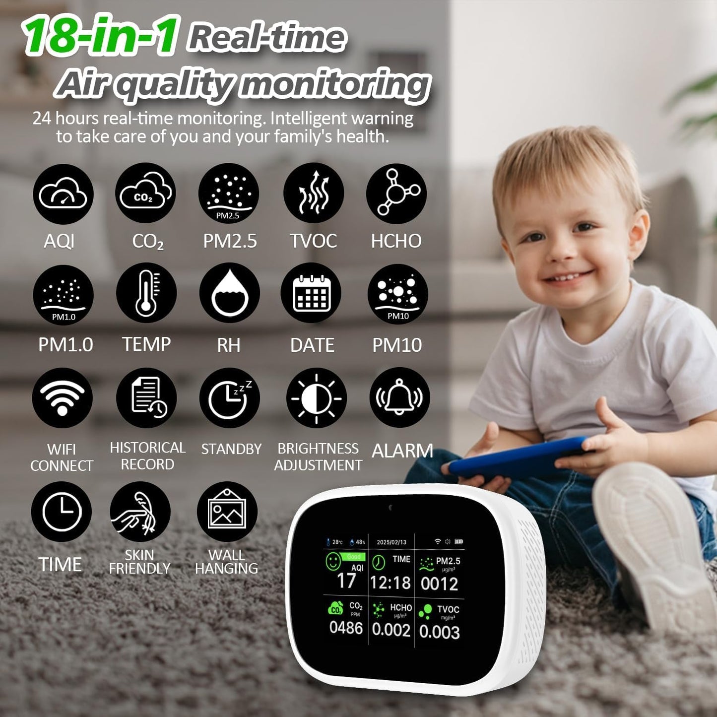 18-in-1 Smart Air Quality Monitor, WiFi Indoor Air Detector with Dual Chip, Real-Time Monitoring for AQI, CO2, PM2.5, PM1.0, PM10, TVOC, HCHO, Time, Temperature and Humidity with APP