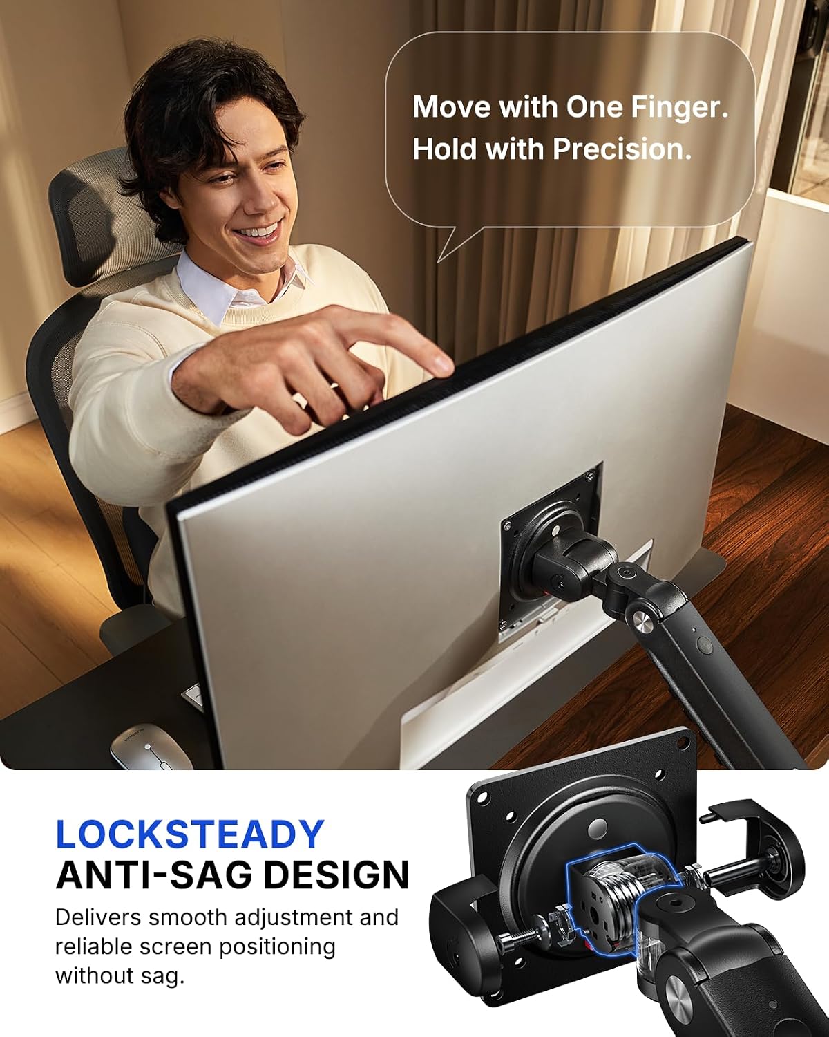 HUANUO FlowLift™ Pro Monitor Arm for 13–32" Screens, MechaSpring Monitor Mount, Fully-Adjustable Monitor Stand with Tilt/Swivel/Rotation, Tool-Free VESA Mount, C-Clamp/Grommet Base, Max Load 19.8 lbs