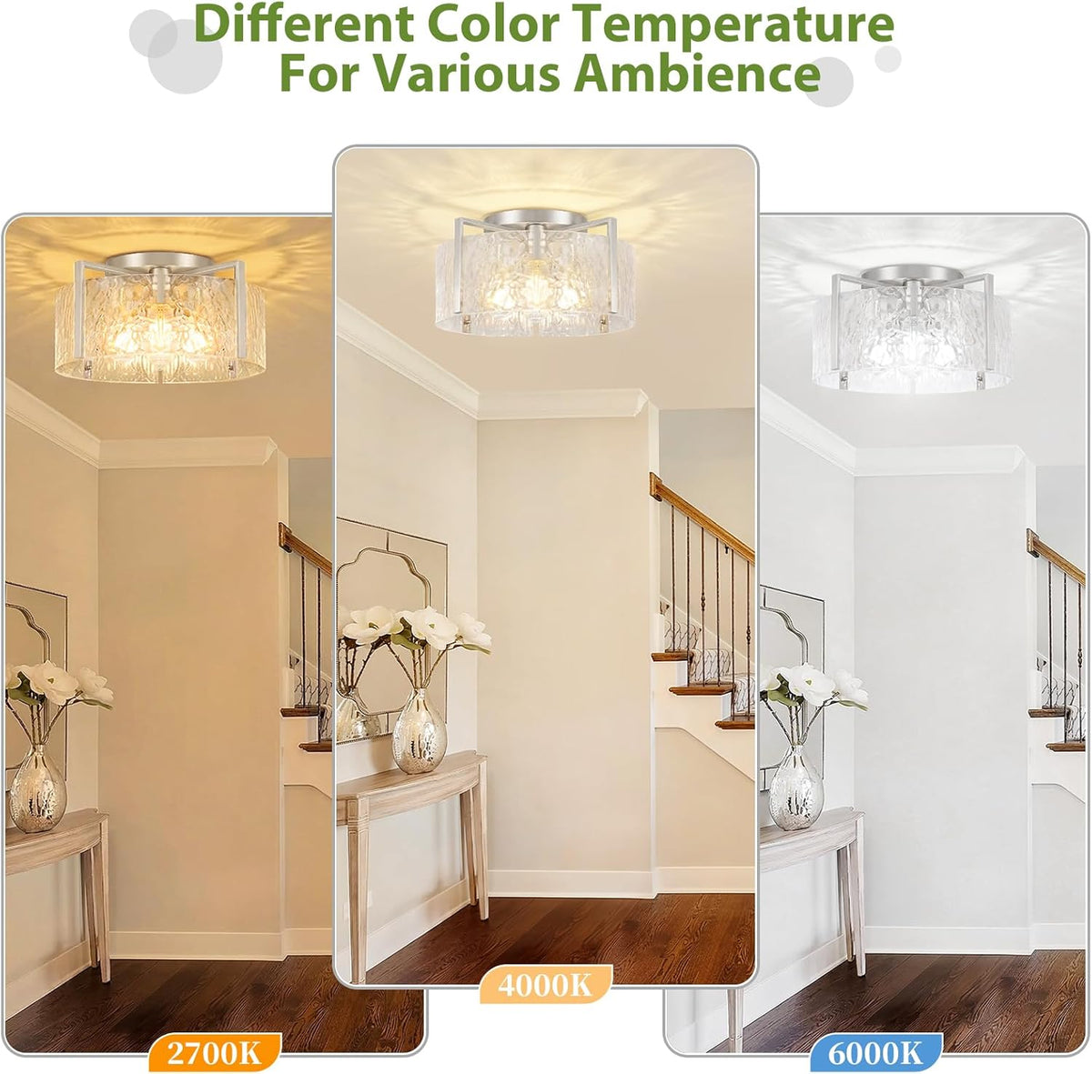 16" Semi-Flush Mount Ceiling Light, 4-Light Hammered Glass Drum Fixture
