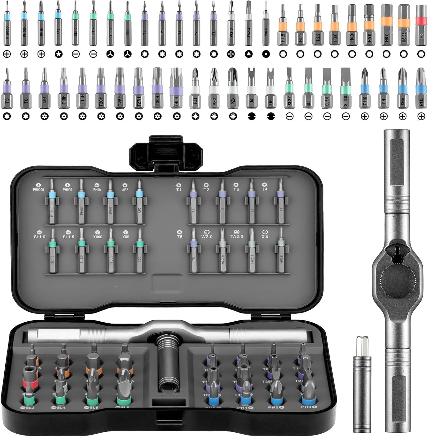 50-in-1 Magnetic Ratchet Screwdriver Set, S2 Steel T Handle Repair Tool Kit | Furniture, Computer, Bicycle, Appliance, DIY, Electronics, Portable Case, 48 Bits, Color-Coded, 80% Effort-Saving