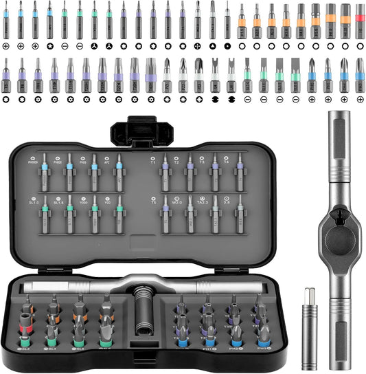 50-in-1 Magnetic Ratchet Screwdriver Set, S2 Steel T Handle Repair Tool Kit | Furniture, Computer, Bicycle, Appliance, DIY, Electronics, Portable Case, 48 Bits, Color-Coded, 80% Effort-Saving